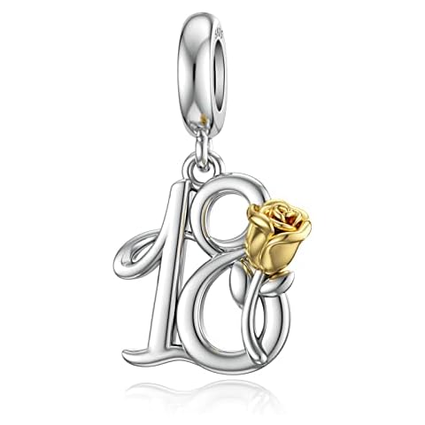 LANBEIDE Birthday Charms, 925 Sterling Silver Charms for Pandora 18th Dangle Charms with Gold Rose Flower for Bracelet Gifts for Women Girls Cover