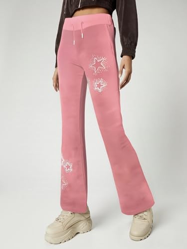 Image of BONVEN Womens Y2k Gothic Drawstring Flare Pants Streetwear Casual Star Rhinestone Low Rise Disco Pants Bell Bottoms
