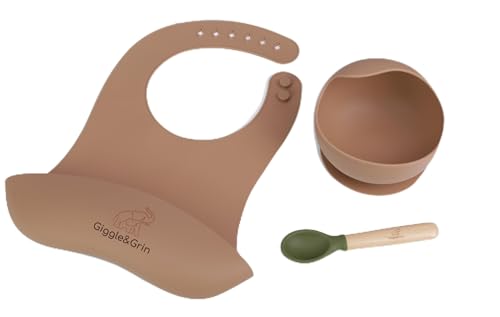 Giggle&Grin Baby Feeding Set| 3 Pack Silicone Suction Plate with Feeding Bib and 1 Silicone Feeding spoon| baby Led Weaning Supplies Self Feeding Eating Utensils (Caramel/Green) 6-12 Month
