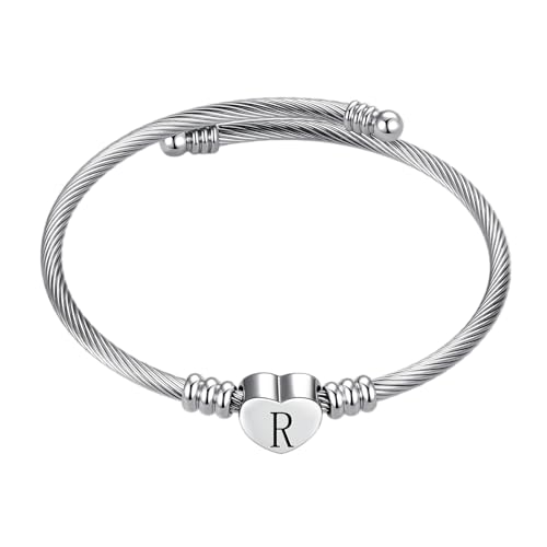 Silver Initial Letter Cuff Bracelet Heart Bangle Bracelets Expandable Stainless Steel Personalized Jewelry for Women