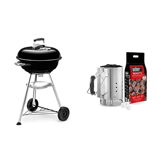 Weber 1221004 - Compact Kettle Barbecue Compatto, 47 Cm, Nero & 17631 - Kit Ciminiera Di Accensione + 2 Kg Di Bricchetti + 3 Cubetti Accensione