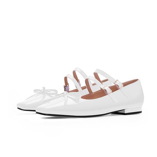 Women's Bow Square Toe Ankle Strap Mary Janes Flat Patent Leather Comfortable Shoes3