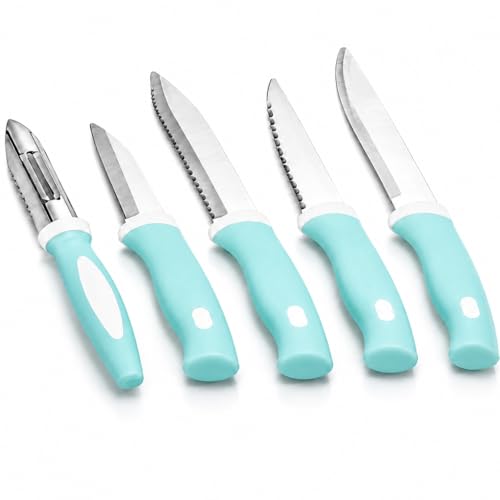Image of 5-Piece Kitchen Knife Set with Stand, Stainless Steel Blades, Includes Peeler, 14x9x4 cm Block Multicolour