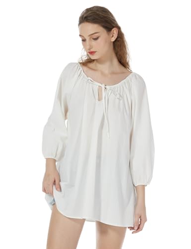 BEAUTELICATE Blusa Victoriana de Algodón Top Boho Renacentista con Mangas 3/4 y Cordones para Gótico Medieval y Casual (Blanco,M)