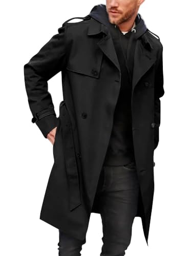 Runcati Gabardina para hombre con doble botonadura y solapa larga, chaqueta de negocios con cinturón, Negro, M