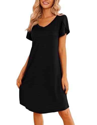 Ekouaer Womens Nightgown Short Sleeves Sleepwear V Neck Nightgowns for Women Petal Sleeves Houses Dress Sleepshirt S-XXL