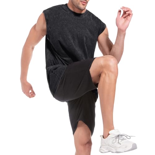 Sleeveless Muscle Cut Off Shirts for Men Gym Workout Running Beach Tank Tops Acid Wash Cotton Tshirt Loose Fit Tees4