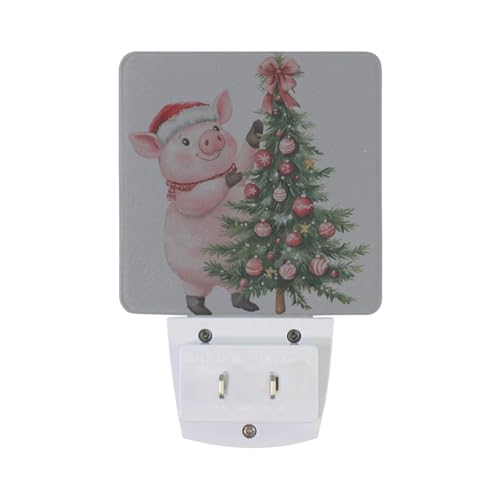 Image of Christmas Tree Pig Night Lights 2 Pack Plug-in Wall Led Nightlight Auto Dusk-to-Dawn Sensor Lamps for Bedroom Kitchen Bathroom