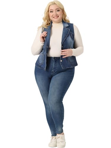 Agnes Orinda Plus Size Denim Vest for Women Lapel Sleeveless Button Down Classic Jean Jacket Vest3