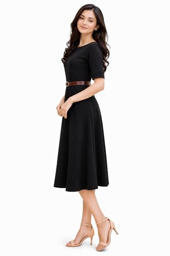 Image of Women's Elegant Midi Dress with Belt | Half Sleeve Fit & Flare Casual Dress | Knee Length Office Party Western Dress for Women