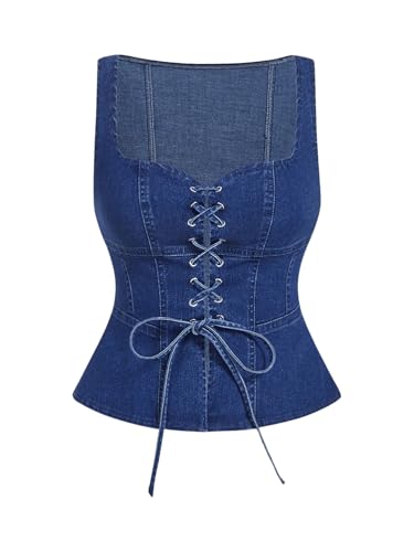 MakeMeChic Women's Denim Vest Tie Front Sleeveless Fitted Y2K Jean Vests Tank Top