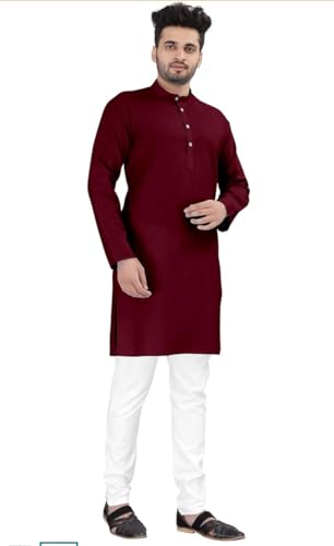 Image of Men's Maroon Kurta Full Sleeve, Mandarin Collar, Ethnic Wear