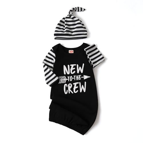Image of Little Brother Newborn Baby Boy Gown New Crew Long Sleeve Infant Gown and Hat 2 Pieces Set Coming Home Outfits