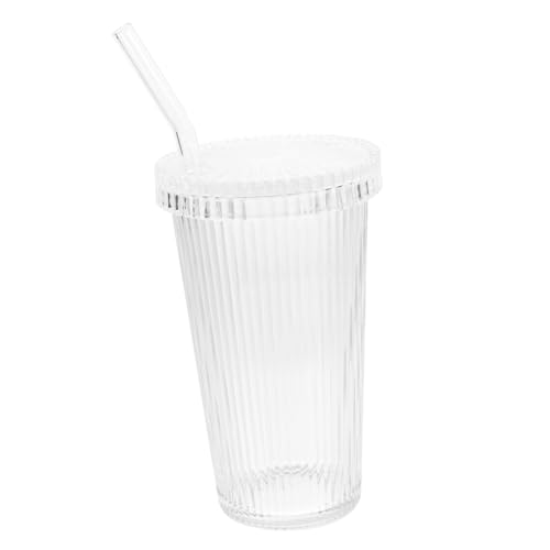 HEALEEP Glass Milk Straw Cup Vertical Stripe Pattern Coffee Cup Stylish and Practical