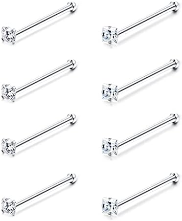 VALDEAS 20G Nose Ring Studs CZ Nose Studs 316L Stainless Steel Nose Studs for Women 8 Pcs Bone Nose Rings Set Austrian Cubic Zirconia Nose Piercing Jewelry Round Square Shapes Nose Stud 1.5MM