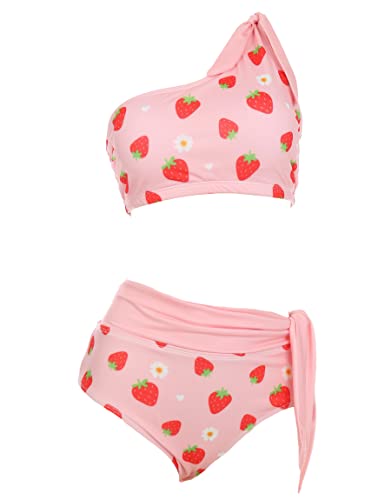 haikyuu Women Strawberry Pink One Shoulder Two Piece Swimsuit High Waisted Bikini Kawaii Cute Swimwear Bathing Suit