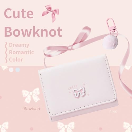 Image of Girls Wallet Cute Bow Coquette Small Kawaii for Women Aesthetic ID Window for Ladies (Pink White Bow)