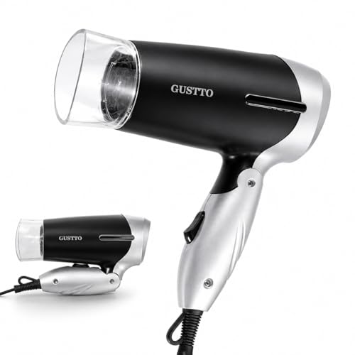 Image of GUSTTO Foldable Hair Dryer 1100W | Compact Travel-Friendly Hair Dryer with Foldable Handle, Hanging Ring, 2 Heat & Speed Settings, Lightweight & Portable (Satin Black), BIS Certified