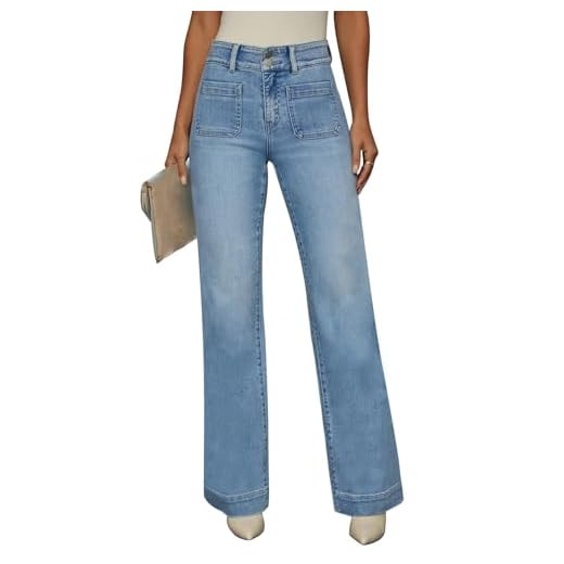 Jeans para mulheres, perna larga, cintura alta, moderna, perna reta, folgada, controle de barriga, calça jeans com bolso 2025, W008-azul, 46