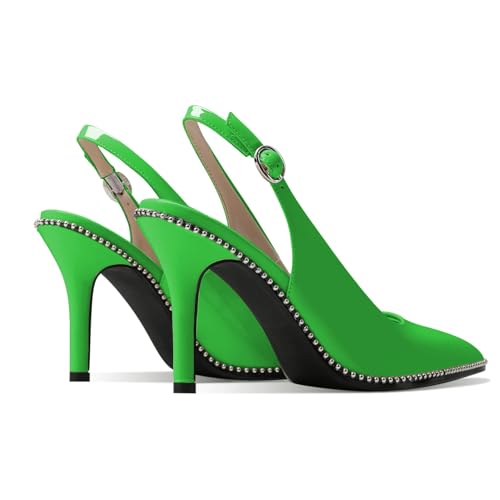 Zamikoo Women Slingback High Heels Beaded Pumps Pointed Toe Slip On 3.5 Inch Stilettos Ankle Strap Patent Leather Shoes US Size 5 -Size 134