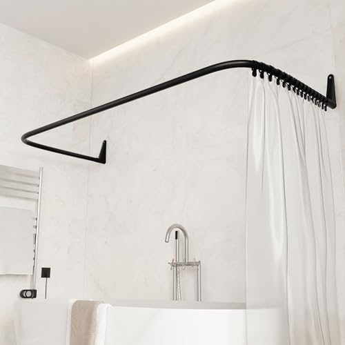 Erica Duschvorhangstange L-form & U-form - 4-in-1 Duschvorhangstangesystem für Badewanne oder Dusche - Duschstange Ecke - Stahl mit Pulverbeschichtung - Ohne Deckenhalterung - Schwarz