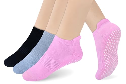 RATIVE Anti Slip Non Skid Barre Yoga Pilates Hospital Ankle Socks with grips for Adults Men Women (Large, 3-pairs/black+grey+pink)