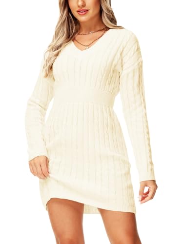 Image of Deerose Women V Neck Sweater Dress Cable Knit Long Sleeve Pullover Sweaters