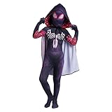 ZHANGMAN Superheldin Gwen Stacy Cosplay Kostüm mit Uhr Mädchen Frau Spider-Gwen Fancy Kleid Body Jumpsuit Weihnachten Rollenspiel Outfits für Filmfans Karneval Party,Schwarz,Kids~S(100~110cm)
