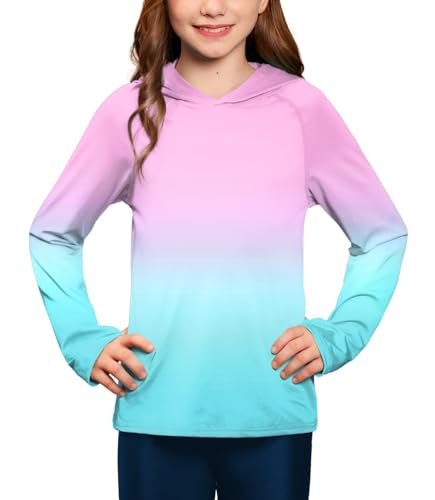 BesserBay UPF 50+ Girls Rashguard for Boys Swimming Top Raglan Sleeve Water Tee Hoodie SPF Shirt Gradient Pink 13-14 Years