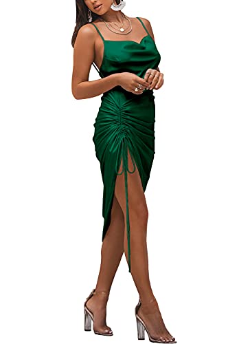 LYANER Women's Satin Spaghetti Straps Cowl Neck Sexy Ruch Cocktail Midi Dresses3