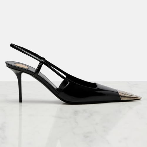 Women Black Pointed Toe Slingback Heels Stiletto Mid Heel Metal Closed Toe Slip on Backless Pumps Fashion Wedding Dressy Pumps3