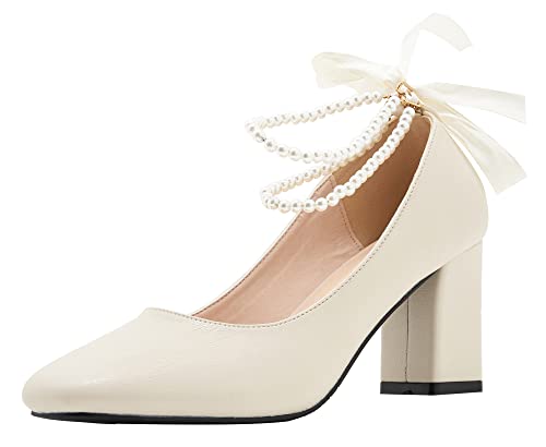 LizFoYa Women Elegant Square Toe Dress Pumps Ankle Strap Bow Accent Bridal Pumps Comfort Chunky Heels