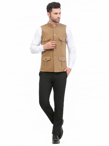 Image of FH Wearza Polywool tweed Solid multipocket Sleeveles Nehru Jacket For Men