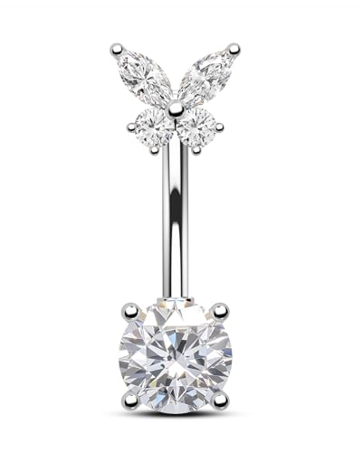 COCHARM 14G Butterfly Belly Button Rings Stud Silver Belly Navel Rings for Women Clear Belly Piercing Jewelry Stainless Steel