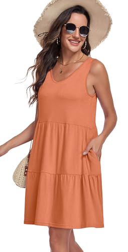 Image of Sundresses for Women Summer Sleeveless Tiered Swing V Neck Tank Dress | 2026 Casual Loose Tank Dress with Pockets, A-Line Flowy Beach Sun dress, Vacation Cruise Fashion Outfits