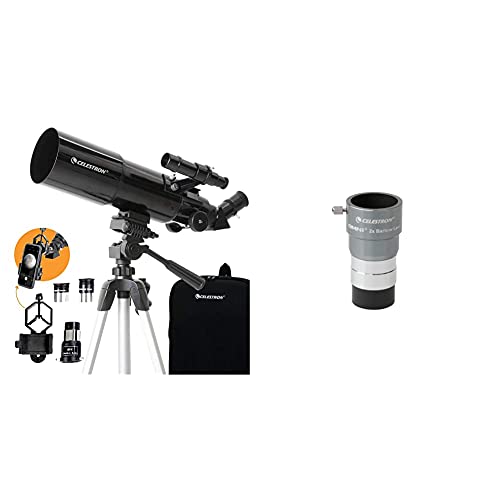 Celestron - 80mm Travel Scope - Portable Refractor Telescope - Fully-Coated Glass Optics - Bonus Astronomy Software Package - Digiscoping Smartphone Adapter & Omni 2X Barlow Lens
