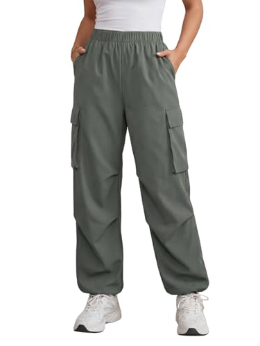 Image of GRECIILOOKS High Waist Cotton Trousers for Women - Flared Parachute Pants with Side Pockets | Casual Travel Cargo Pants