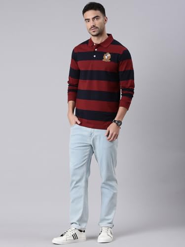 Image of Classic Polo Men's Full Sleeve Maroon /Black Polo Neck Slim Fit Colorblock Cotton T-Shirt