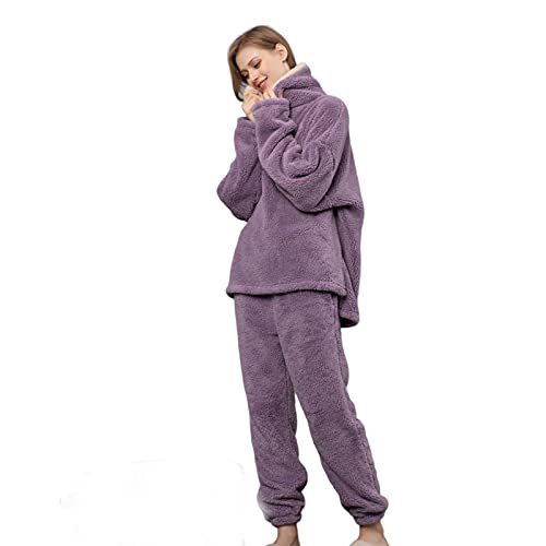 ASHER FASHION Women's Pajamas Set Hooded Fleece Coral Pajamas, Flannel Pajamas Pajama Pants Set Thickened Couple Homewear (Purple, X-Large)