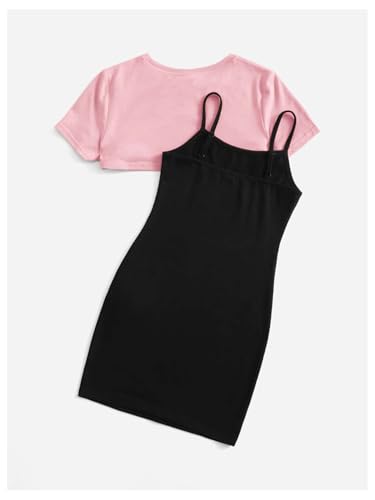Image of SOLY HUX Girl's 2 Piece Outfits Short Sleeve Crop Top and Cartoon Print Cami Dress Set