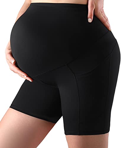 Sweetaluna Maternity Shorts Over The Belly With Pockets, Women's Pregnancy Shorts Workout Yoga Pants Black Medium 5'' #TOP1