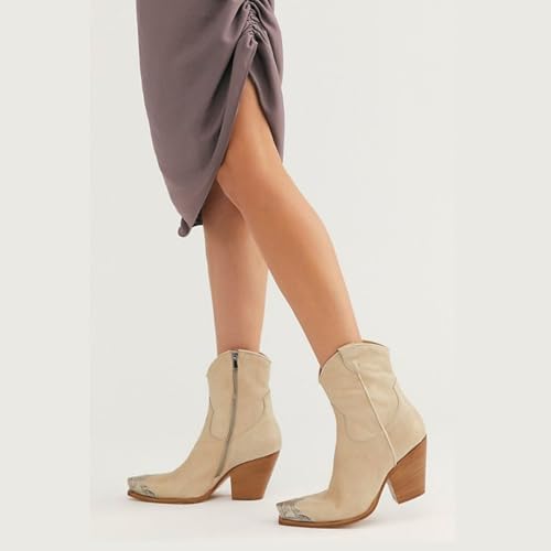 Image of keleimusi Women's Western Cowgirl Ankle Boots Stacked Block Heel Cowboy Booties Steel Toe Heeled Short Cowboy Boots Western Booties