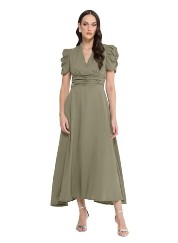 Image of Sugathari Women Women's V-Neck Maxi Dress, A-Line Style, Puff Sleeves, Cinched Waist 246