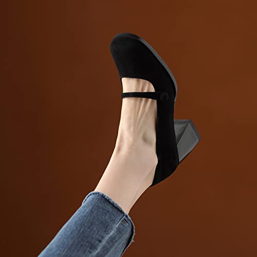 SHODENSE Women High Chunky Heel Pumps Slip On Closed Square Toe Suede Loafers Ankle Strap 2.5 Inch Thick Block Heels Dress Shoes Office Ladies Work Mary Jane Pumps Vintage Wedding Party 4-11 M US4