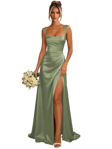 Womne's Satin Bridesamd Dusty Sage Square Neck Plus Size Dresses US20W