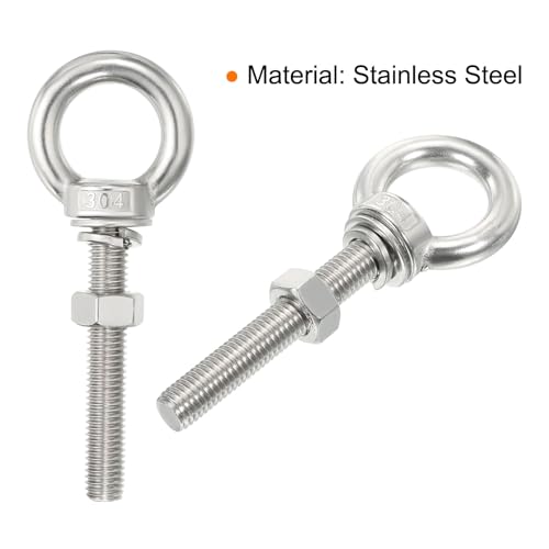 Image of uxcell M12x80 1 /2 inchx3.15 inch Stainless Steel Eye Bolts Threaded Screw Eyebolt Shoulder Ring with Nuts Washers for Lifting Hanging, 2 Set