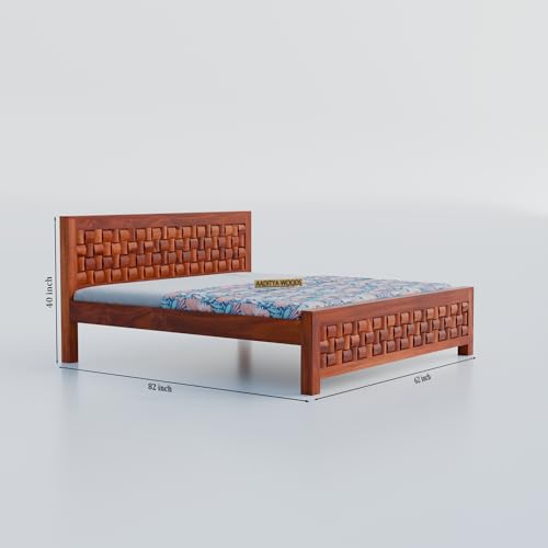 Image of AADITYA WOODS Solid Sheesham Wood Queen Size Bed Cot Without Storage | Wooden Bed for Bedroom | Multipurpose Use Cot Palang Diwan (Honey q4, Queen) (82x62x40 Inch)
