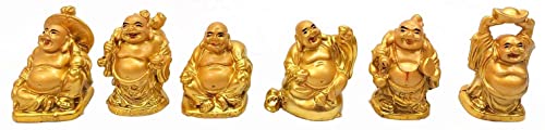 JapanBargain, Set of 6 Gold Laughing Buddha Statues, 2-Inch Lucky Buddha Figurines for Home Office Feng Shui Decor, Miniature Happy Buddha Gods for Positive Energy and Good Luck