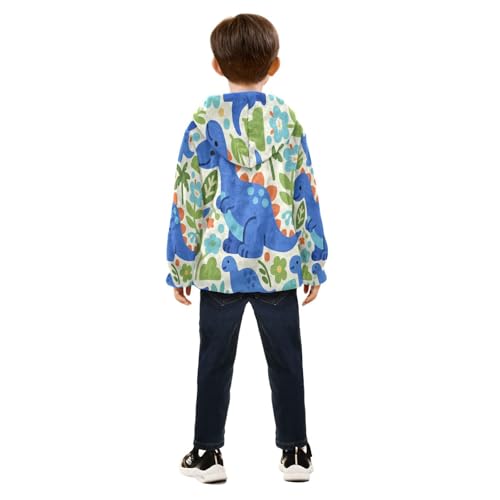 Blue Dinosaurs Among Green Plants Toddler Fleece Jacket Girl Boys Hooded Fleece Jacket Coat Warm Outwear Zip-up 3-10T4