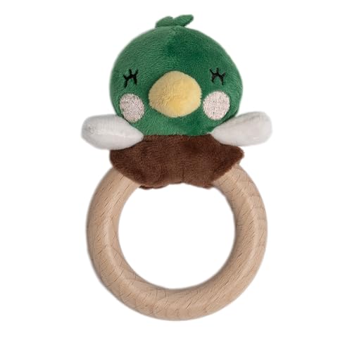 Pearhead Mallard Duck Wooden Baby Teether Soft Plush Lovey with Natural Wood Rattle Ring BPA & PVC-Free Soothes Infant Gums Multi-Sensory Newborn Essential for Boys 0+ Months